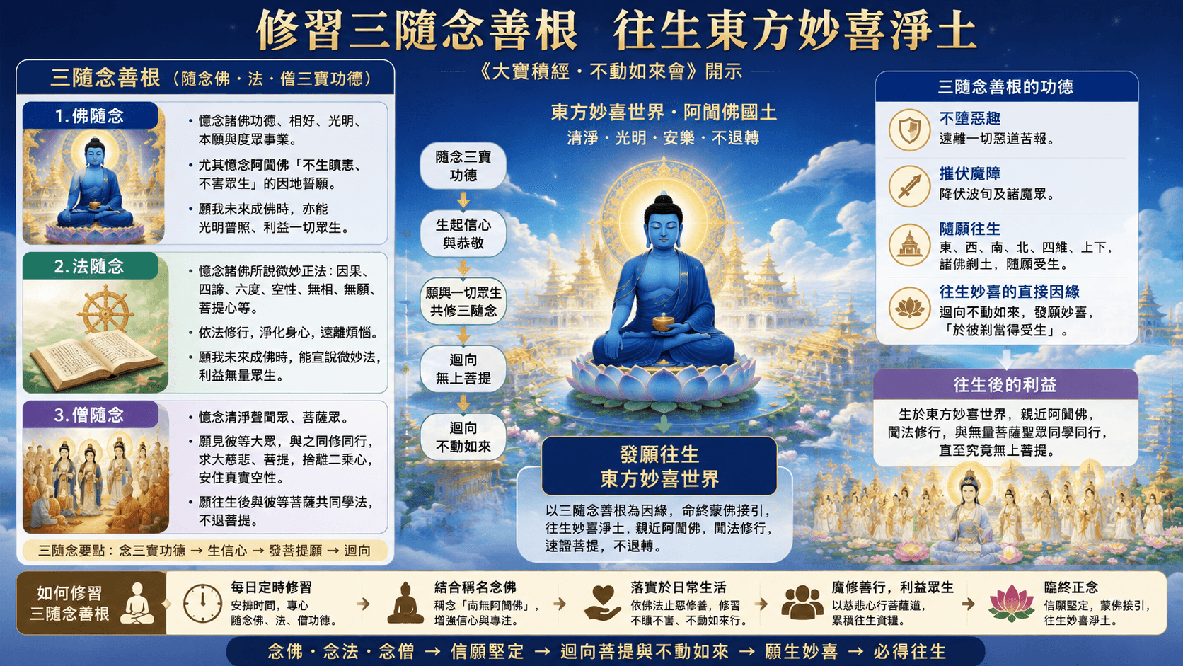 阿閦佛安住東方妙喜世界，行者隨念佛、法、僧三寶功德，生起信心與菩提願，並將所修善根迴向不動如來與無上菩提，成為往生妙喜淨土的重要因緣。