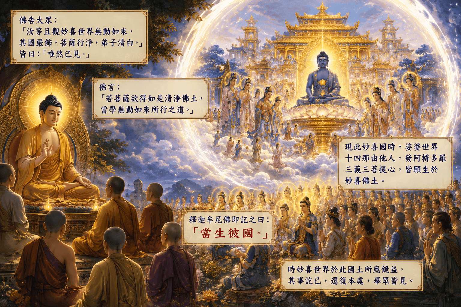 釋迦牟尼佛示現妙喜世界、十四那由他人發願往生並蒙授記