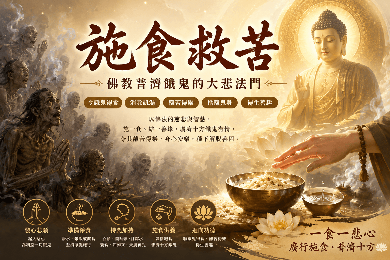 施食甘露普濟十方餓鬼,令其離苦得樂。