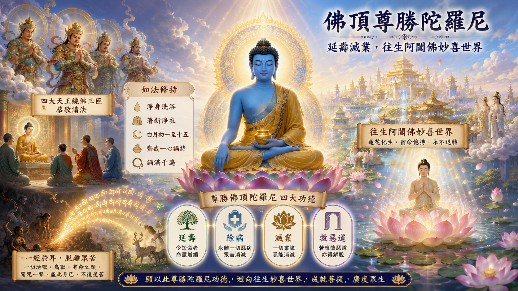 佛頂尊勝陀羅尼光明護佑眾生,延壽除病、消業離苦,迴向往生阿閦佛妙喜世界。