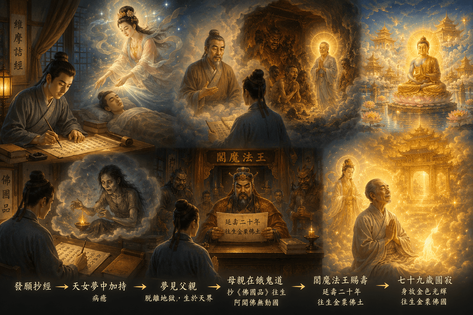 圖/書生虔誠抄寫《維摩詰經》,感得天女護佑、利益亡親,並蒙延壽二十年,最終往生金粟如來佛土。(示意圖)