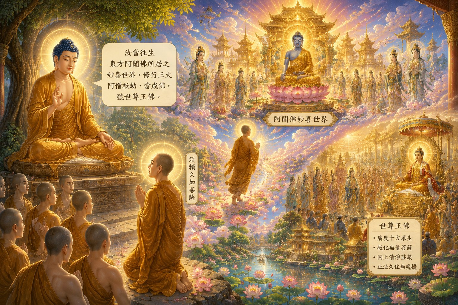 圖/佛陀授記須賴久如菩薩未來命終往生東方阿閦佛妙喜世界,歷經三大阿僧祇劫修行,最終成就世尊王佛。(示意圖)