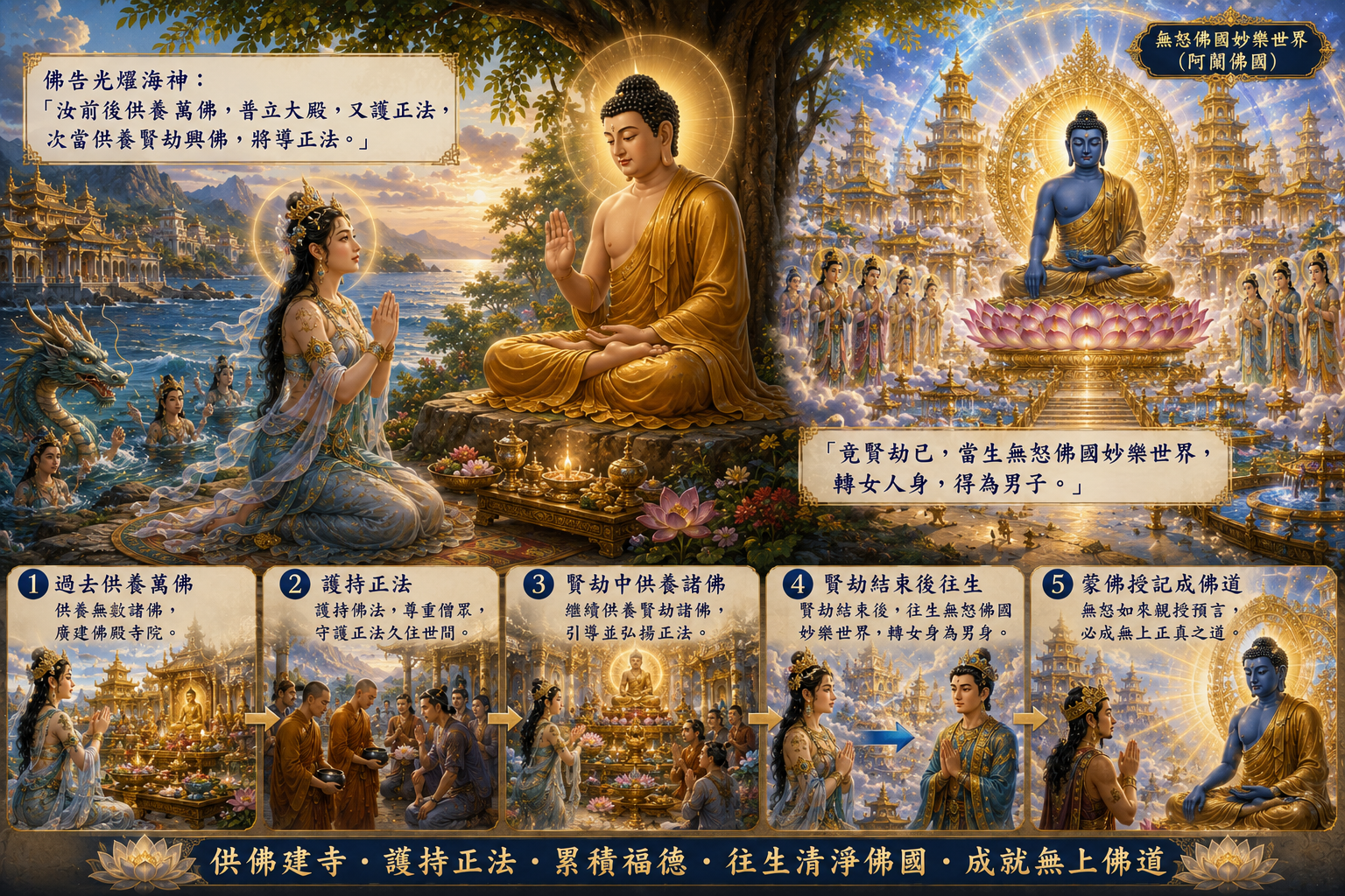 光燿海神供佛護法,蒙記往生無怒佛國,未來必定成佛。